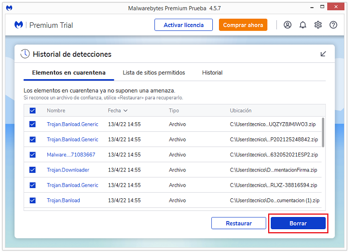 Malwarebytes - Borrar