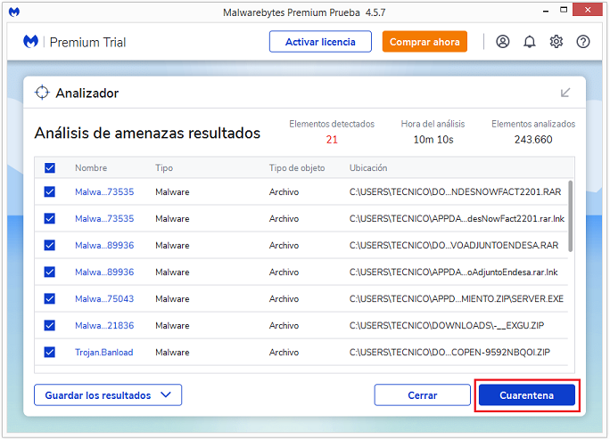 Malwarebytes- Cuarentena