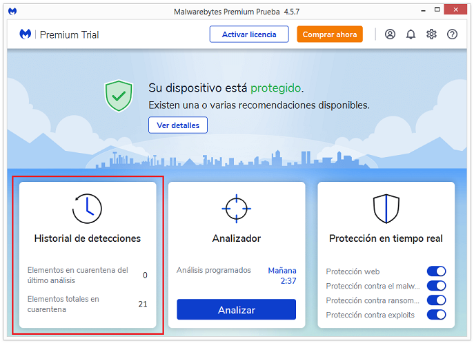 Malwarebytes - Historial detcciones