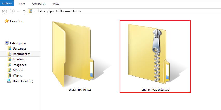 Carpeta enviar incidentes comprimida