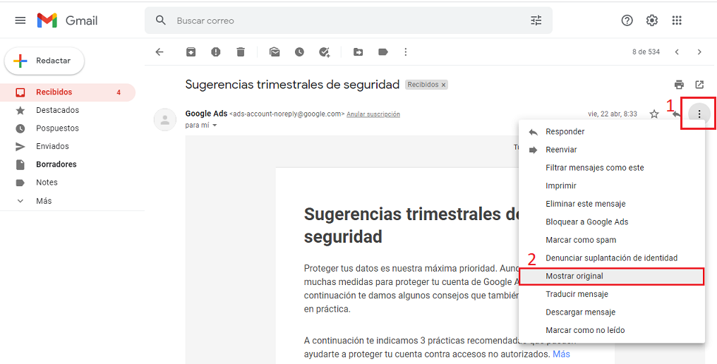 Gmail - Mostrar original