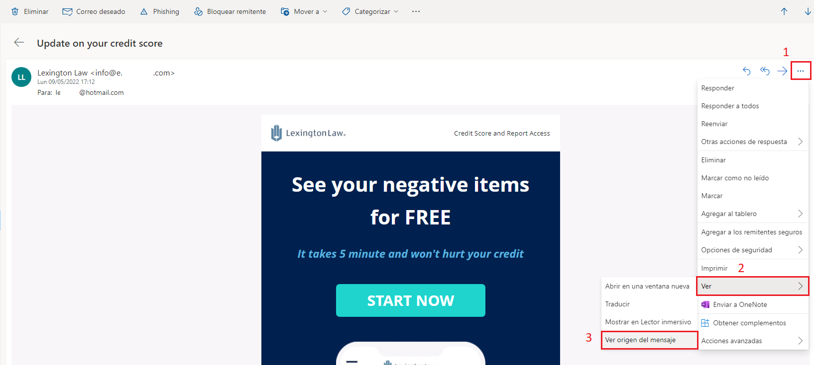 Hotmail - Ver origen del mensaje