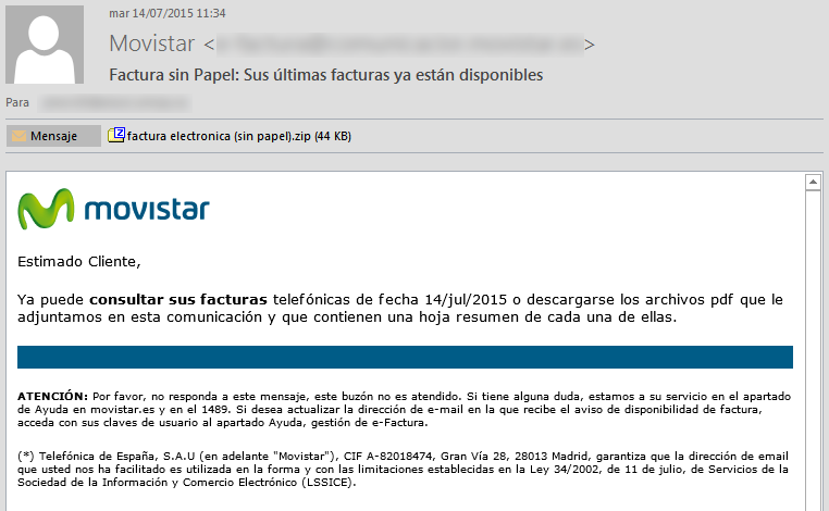 correo suplantando Movistar