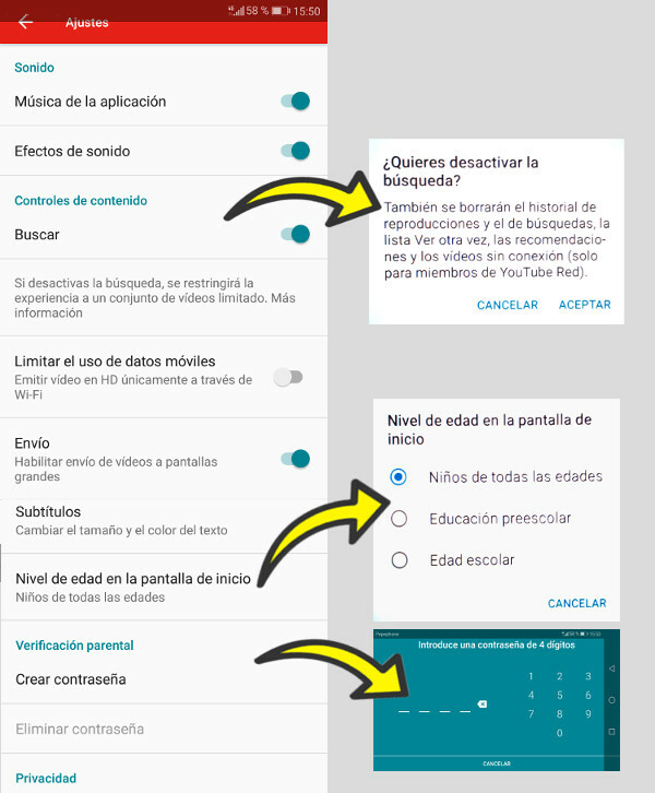 Ajustes del control parental de Youtube Kids