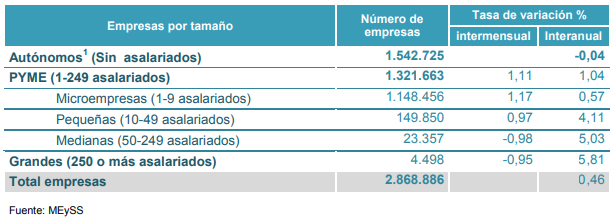 Imagen que muestra el número de empresas españolas según su tamaño