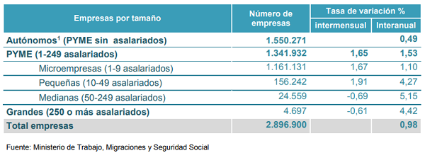 Imagen que muestra el número de empresas que hay en España en función de su tamaño.