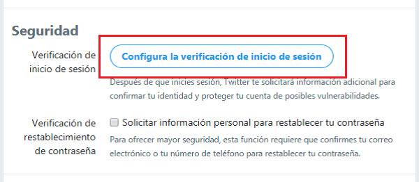 Imagen que forma parte de las opciones de seguridad que configura la verificación de inicio de sesión. De esta forma, Twitter solicitará información adicional para confirmar la identidad y proteger la cuenta.