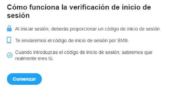 Imagen que muestra 3 pasos para verificar el inicio de sesión: 1 al iniciar sesión, se proporciona un código; 2 se envía el código vía SMS; 3 se introduce para verificar la identidad.