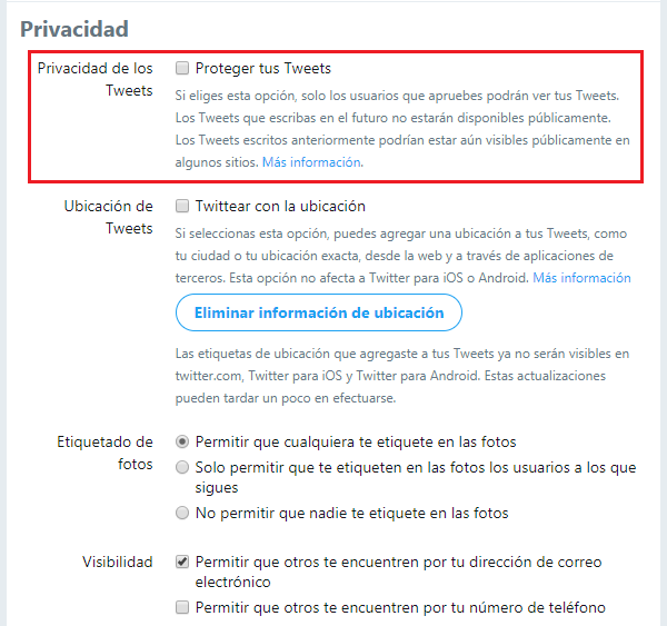 Imagen que muestra las opciones de privacidad de los Tweets. 