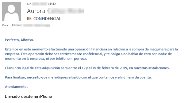 Imagen que muestra el correo donde Auri pide realizar a Alfonso la operación que termina por levantar las sospechas de éste.