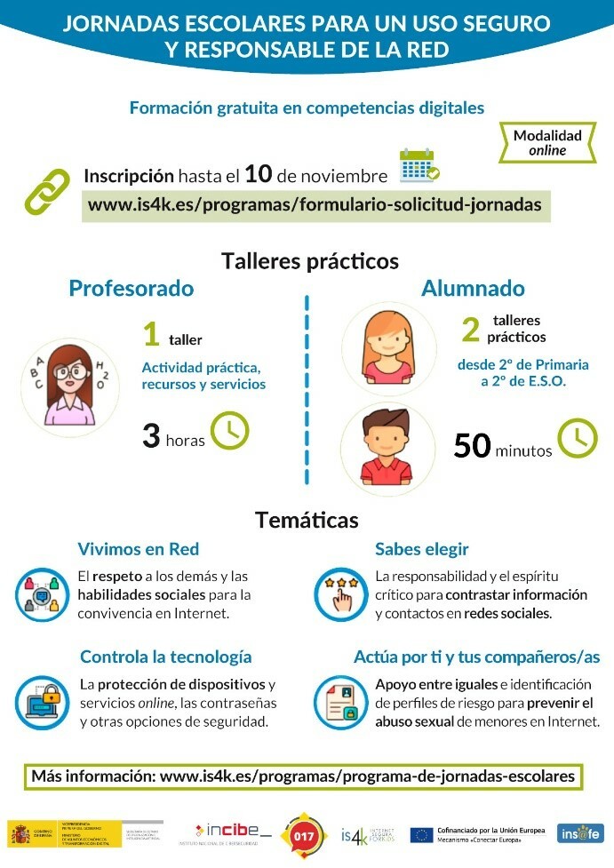 Infografía resumen del programa de Jornadas Escolares: talleres online gratuitos para alumnado de 2º de Primaria a 2º de ESO, educadores/as, inscripción hasta el 10 de noviembre