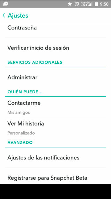 Opciones de configuración de Snapchat