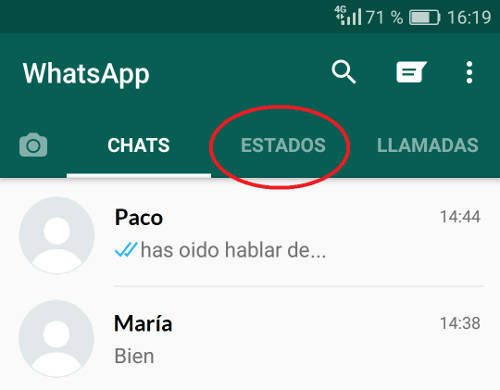 Pestaña de estados de WhatsApp