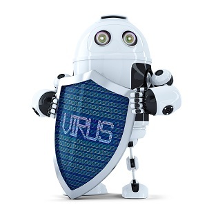 Imagen que muestra un robot con un escudo donde se puede leer el literal virus.