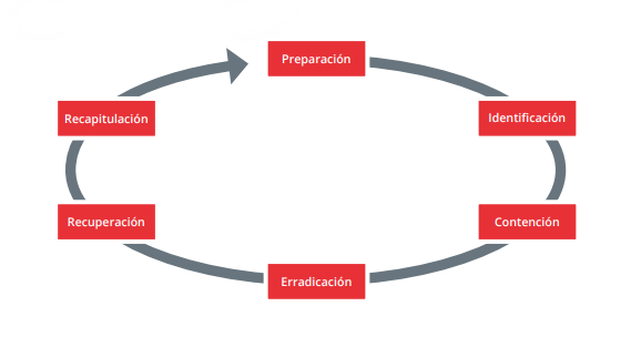Imagen que muestra las fases de la respuesta a incidentes: preparación, identificación, contención, erradicación y recapitulación.