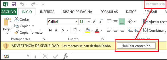 Imagen de archivo fraudulento factura.xls donde se puede ver cómo pide activar macros.