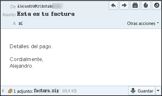 Imagen que muestra el correo electrónico fraudulento, donde se puede ver remitente y adjunto factura punto equis ele ese.