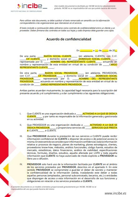 Modelo de acuerdo de confidencialidad disponible en la web de INCIBE
