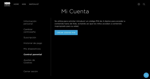 Aplicación HBO – Página de configuración de control parental