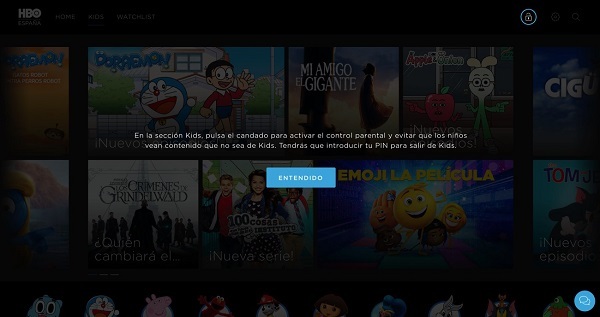 Sección KIDS de HBO – Pantalla de notificación sobre control parental