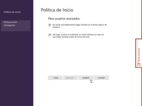 Panel de configuración. Política de inicio