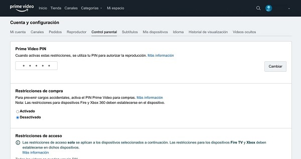 Página de configuración de Prime Video – Control parental