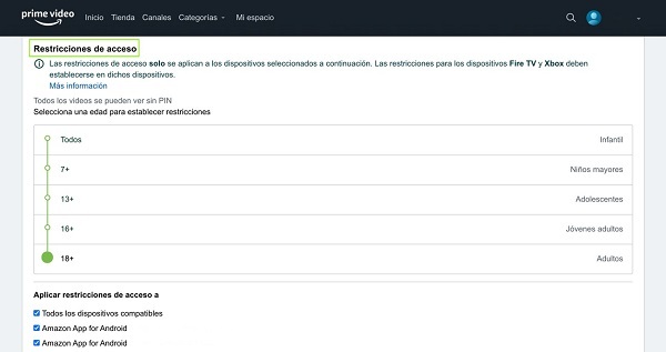 Página de configuración de Prime Video – Restricción por edad