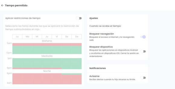 Ventana de configuración del tiempo permitido en versiones web