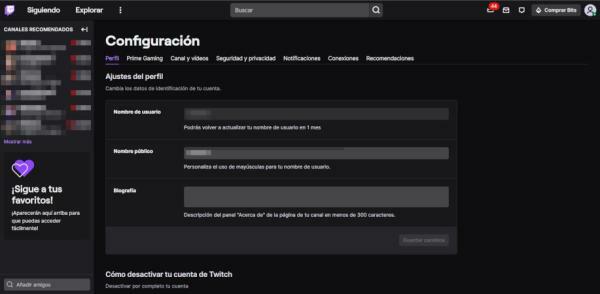 Panel de configuración en Twitch