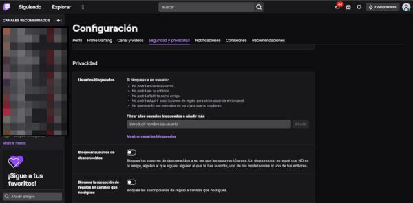 Panel de configuración en Twitch