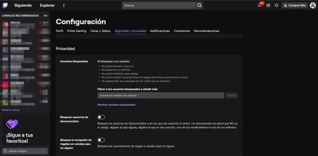 Panel de configuración en Twitch