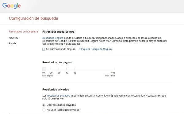 Página web de Google Chrome – Configuración de búsqueda segura