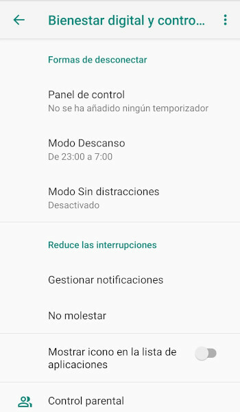 Opciones de bienestar digital y control parental en Android