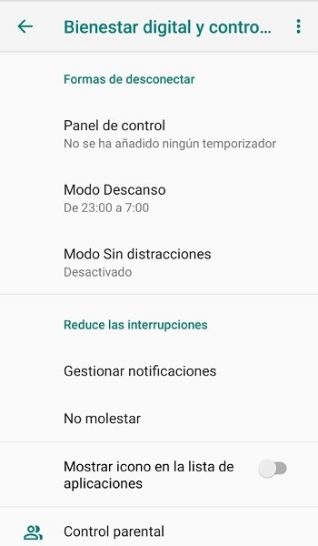 Opciones de bienestar digital y control parental en Android