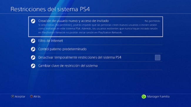 Menú de restricciones del sistema PS4, creación de cuenta de usuario