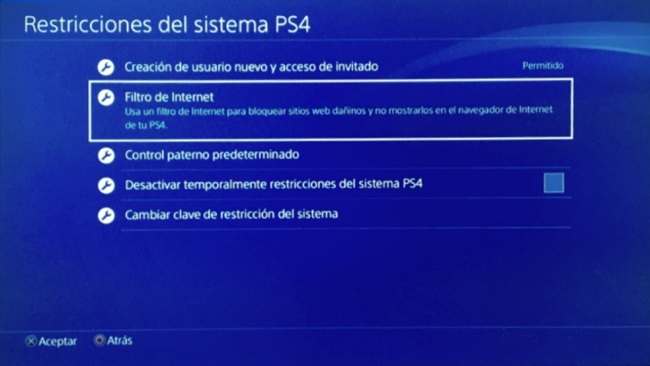 Menú de restricciones del sistema PS4, configuración de filtro de contenidos