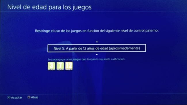 Menú de control paterno predeterminado, nivel de edad para los juegos