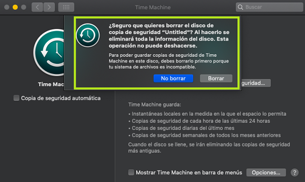 Diálogo de advertencia de uso de disco duro externo como disco de respaldo del ‘Time Machine’