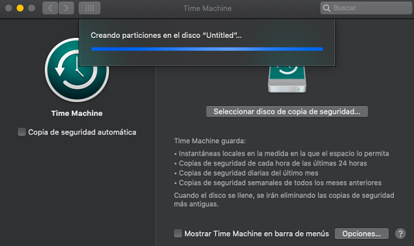 Ventana  de preparación del disco duro externo para ser usado por ‘Time Machine’