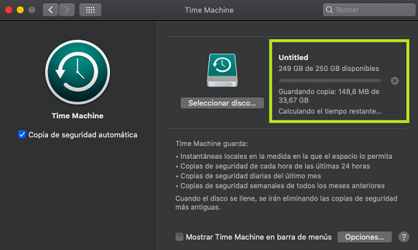 Ventana de ‘Time Machine’ realizando una copia de seguridad