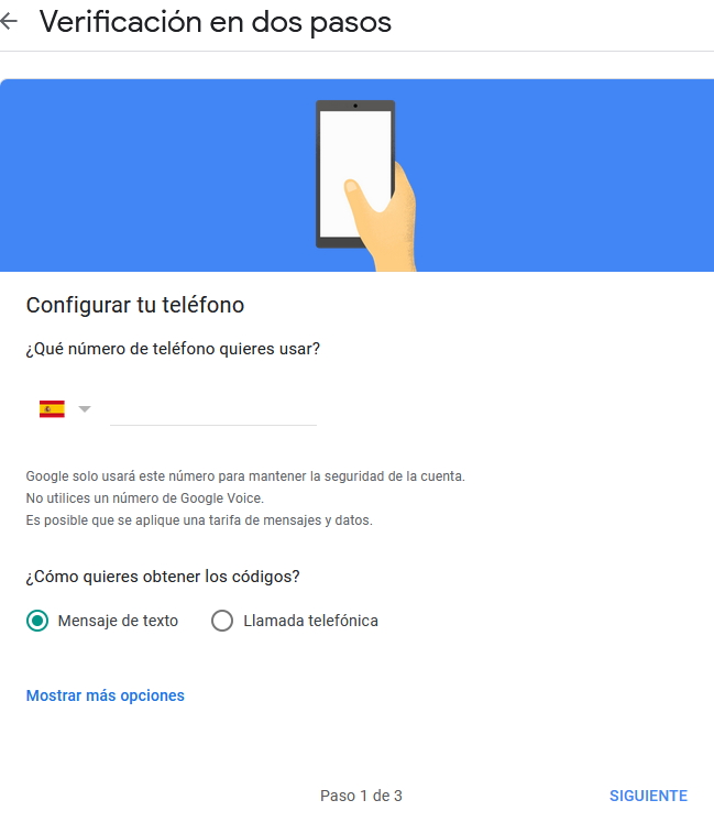 Menú de teléfono en verificación en dos pasos