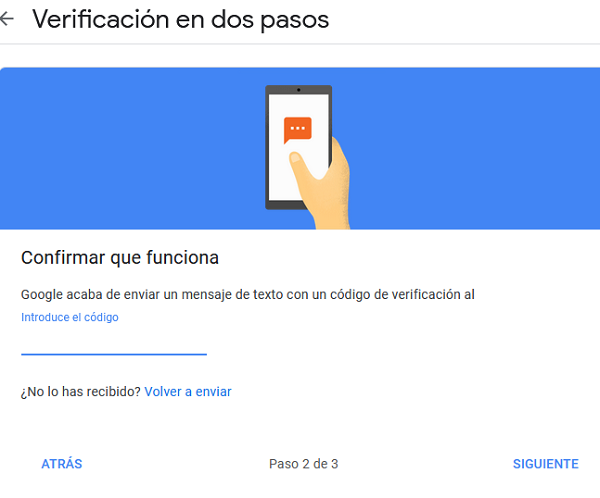 Menú de teléfono en verificación en dos pasos