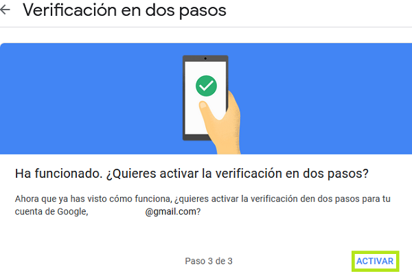 Menú de teléfono en verificación en dos pasos