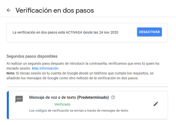 Menú de teléfono en verificación en dos pasos