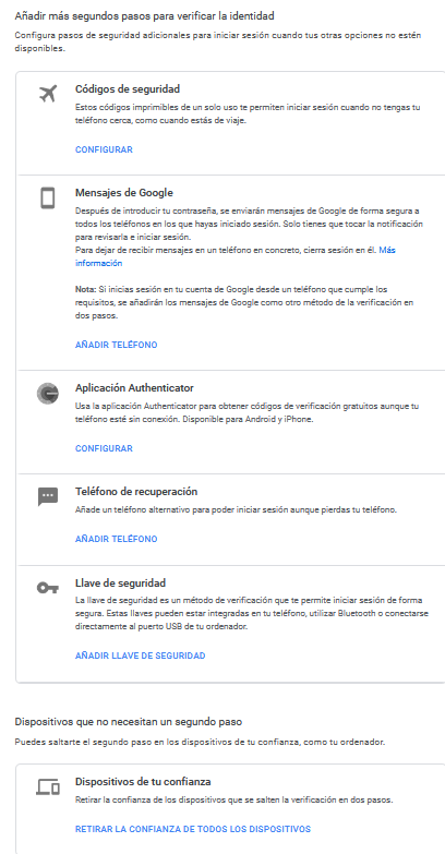 Menú de teléfono en verificación en dos pasos