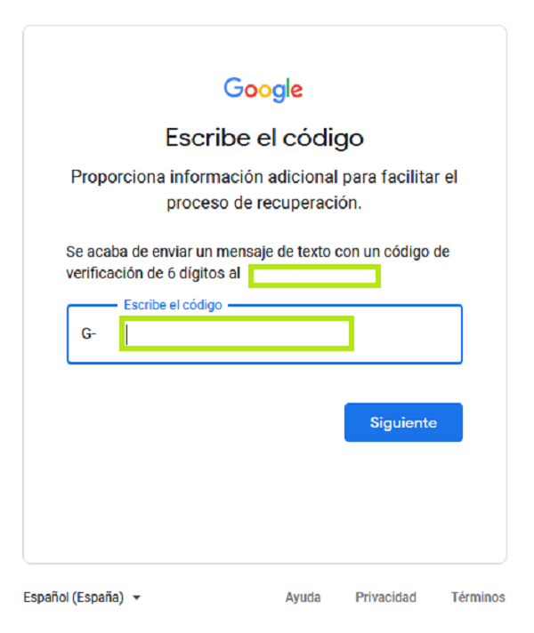 Pantalla de inserción del código de verificación