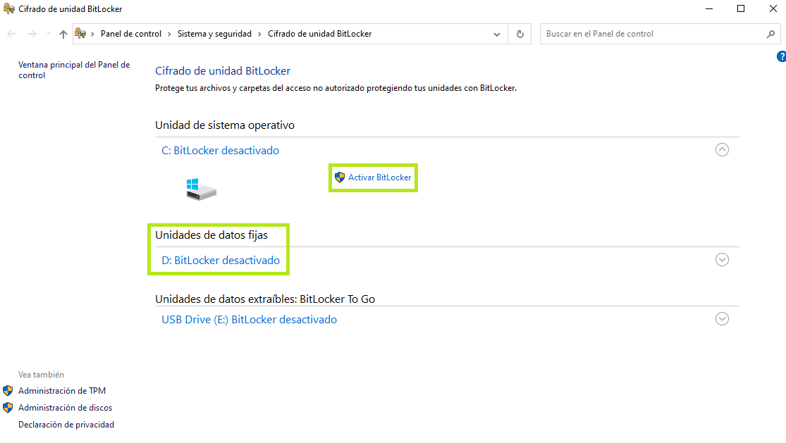 Ventana de cifrado con bitlocker