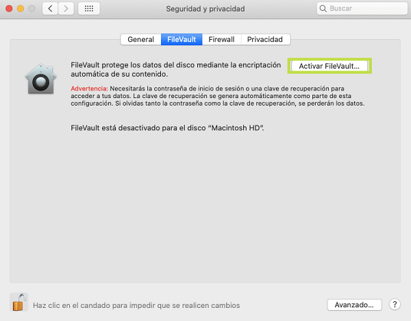 Detalle de Preferencias del Sistema del FileVault.