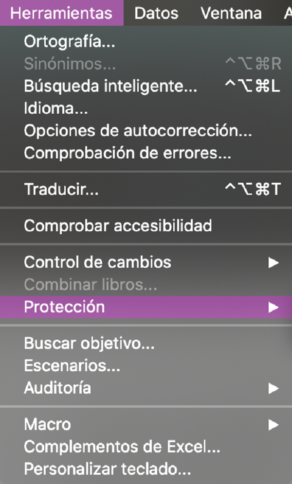 Menú desplegable de Herramientas en la aplicación Excel 