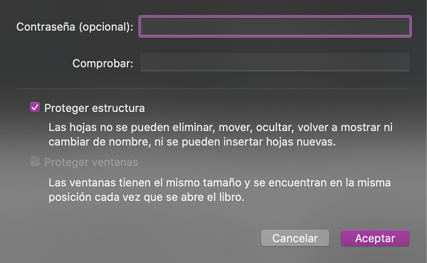 Ventana de configuración de seguridad de un libro Excel 